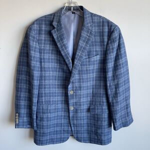 Jos A Bank Blazer Mens 39R Blue Plaid 100% Linen Tailored Fit Sport Coat